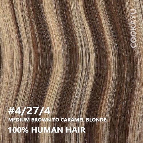 Image of COOKAYU Clip in Hair Extensions Real Human Hair, 4 /27 /4 Medium Brown to Caramel Blonde Balayage Real Human Hair, Remy Clip in Hair Extensions 14 inch 120g 7pcs