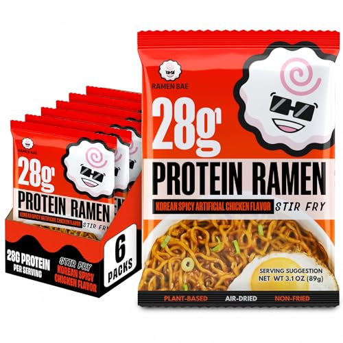 Ramen Bae High Protein Ramen Noodles Stir Fry - Korean Spicy Chicken Flavor 28g Protein - Air Dried Not Fried, Plant Based, Vegan Protein Noodles - Low Carb & Fat - Very Spicy (Pack of 6)