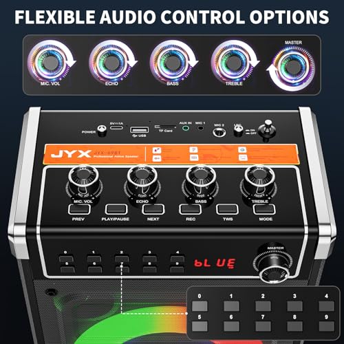 Image of JYX Karaoke Machine with 2 Wireless Microphones, Portable Bass /Treble Bluetooth Speaker with LED Light, Support TWS, AUX in, FM, REC PA System with Remote Control, Supply for Party /Adults /Kids