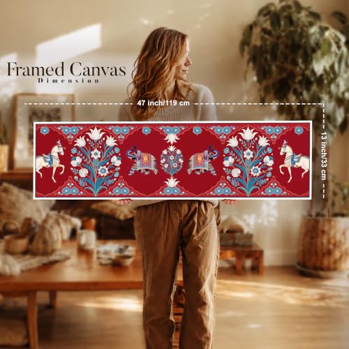 Image of Mughal folk Art Vibe Flower Canvas Framed Wall Art Painting For Living Room, Mughal-Inspired Elephant & Horse Painting With Frame Red Floral Ethnic Wall Art For Home & Office Decor, 13x47 Inch