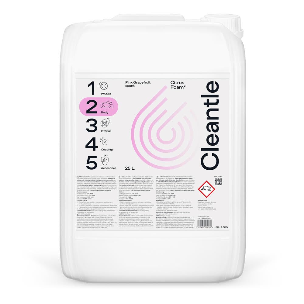 Citrus Foam 25l Aktivschaum Konzentrat pH neutraler Vorreiniger für die Autowäsche Sicher für Wachse & Keramikbeschichtungen Hohe Reinigungskraft & Ergiebigkeit Pink Grapefruit Duft