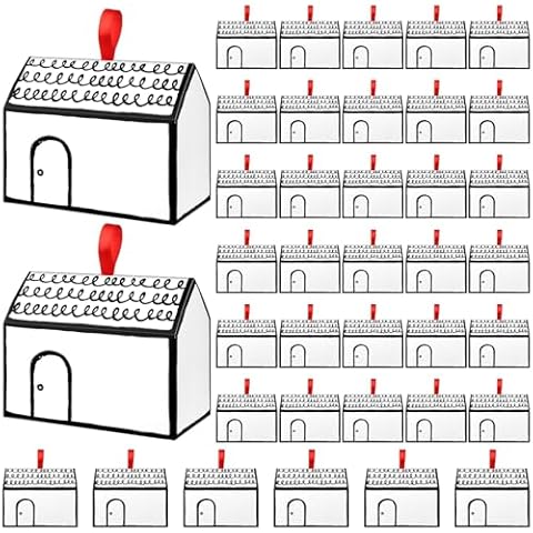 Easywiny 36 Pcs Classic House Shaped Gift Boxes with Red Ribbons, Treat Boxes for Dessert, Fancy Cookie Boxes for Gift Giving, White Gable Box, Gift Bag Bakery Boxes Party Favors, Gingerbread Treats Cover