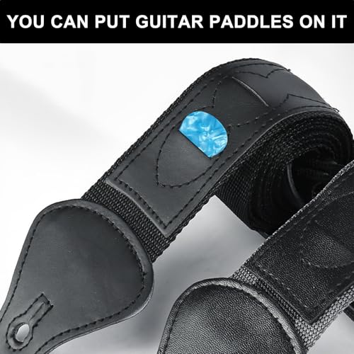 Aestustheri Adjustable woven guitar strap with leather ends and 3 pick storage pockets - includes 3 guitar picks - suitable for bass, electric and acoustic guitars (black) - Image 3