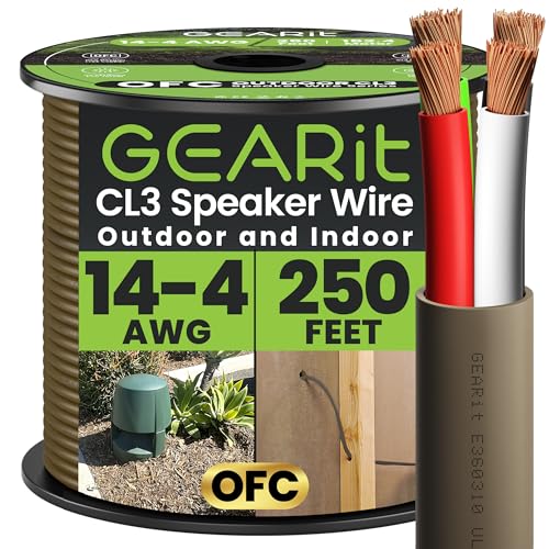 GEARit 14 Gauge Speaker Wire Cable UL CL3 Rated 14 Gauge Wire 250ft Copper Wire with Polarity Mark Audio Cable for in-Wall Home Car Outdoor Garden Commercial Audio Systems OFC(Brown 4-Conductors)