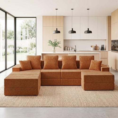 Image of Living&Giving 128 inch U-Shaped Cloud Sectional Couch for Living Room, Cloud Boneless Couch-No Assembly with Reversible Chaise, Customizable 4-Seat Modular Sectional Sofa with 3 Ottoman, Orange