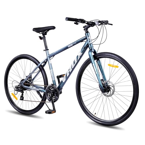 Image of Vaux City-Pro Hybrid Cycle for Men with Gears|21 Speed Shimano Gears| 19 Inch HI-Ten Steel Frame| Dual Disc Brakes| 700x35C Tyres|Double-Wall Alloy Rims (Grey-Blue, Multispeed, Rigid Fork)