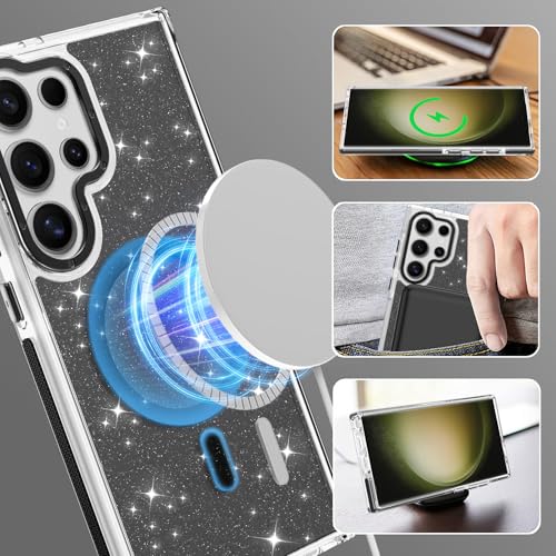 Image of Magnetic Case for Samsung Galaxy S23 Ultra [Compatible with Magsafe] [Bling Glitter Fluorescent Design] [1 Screen Protector] Slim Translucent Matte Case for Galaxy S23 Ultra 6.8 inch, Black
