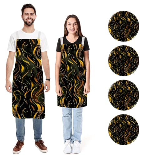 Tabliers de cuisine feu doré abstrait pour cuisiner en duo avec style et confort