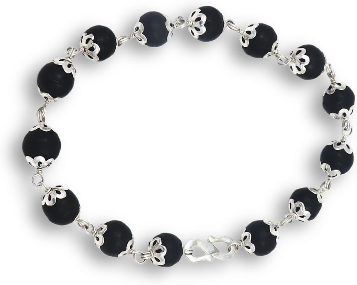 Karungali Bracelet Silver Cap | Natural and Original | Certified | 8.00 mm Bead Size | Adjustable S Hook | Free Size | For Men and Women, One Size, Wood