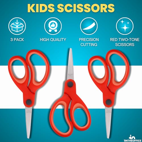 Kids Scissors Pointed Tip, Children Scissors, Craft Scissors, 5-inch, Red Two-Tone, 3 Pack