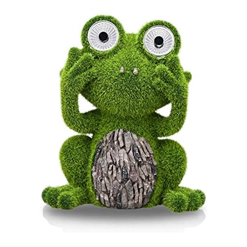 TERESA'S COLLECTIONS Gartenfiguren für Außen Niedliche Frosch Gartendeko Figuren mit Augen Wetterfest Solarleuchte Beflockt mit Moos Stein Garten Deko Figuren Gartendeko für Draußen für Balkon 21cm Cover