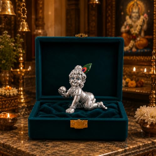 Image of Gold Art India 999 Silver Plated Bal Krishna Idol (3.3 Inch) | Antique Matte Laddu Gopal Murti | Premium Peacock Green Velvet Gift Box | Krishna Idol for Home Temple, Office Decor & Spiritual Gifting