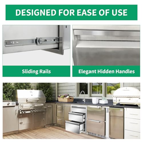 Image of Outdoor Kitchen Drawers 18 inch W x 24 inch H x 23 inch D Stainless Steel Triple Drawers with Hidden Handle for BBQ Island, Patio Grill Station & Outdoor Kitchen Cabinets
