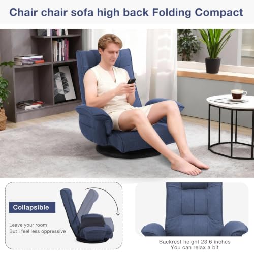 Image of Ergonomic Swivel Floor Gaming Chair with Armrests & Side Pockets, 6-Position Reclining Sofa Bed, Foldable Padded Lounger with Thick Cushion & Lumbar Support for Esports, Reading, TV Watching, Blue