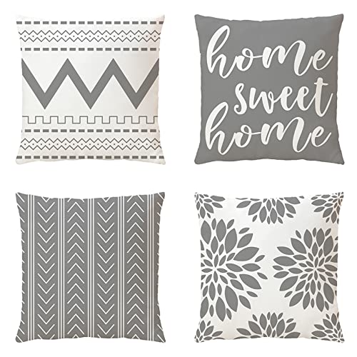 NIULAA Cushion Covers 45 x 45 Set of 4 Grey Cushion Covers 18x18 Modern Geometric Decorative Pillow Cases Home Decor Square Quotes Cushion Cover Linen for Sofa Bed Living Room Outdoor