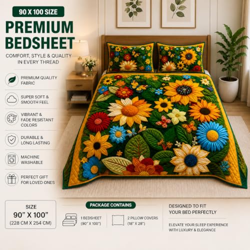 Image of DECORUM Premium Digital Floral Printed BEDSHEET (90 X 100) Inch with 2 King Size Pillow Covers - HIGH-Definition Design & Superior Comfort (Heavy Quality) BEDSHEET Enchanted Floral Garden