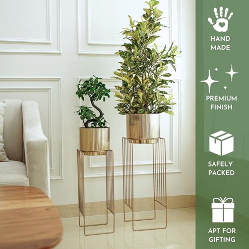 Image of BEHOMA Gold Metal Floor Planters with Stands Set of 2 | Modern Tall Planter for Home Decor, Decorative Plantpot for Living Room, Big Plant Stand with Pots