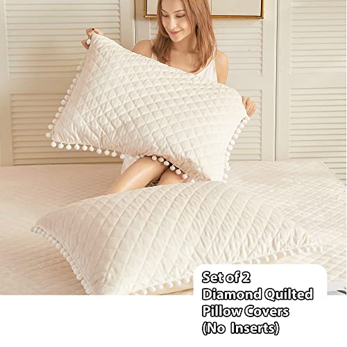 Liferevo 2 Pack Diamond Quilted Velvet Bed Pillowcases, Pom Poms Fringe Decorative Throw Pillow Shams Set Of 2, Soft Bed Pillow Cases Zipper Closure For Teen's Girls Bedroom (Beige, King) #TOP1