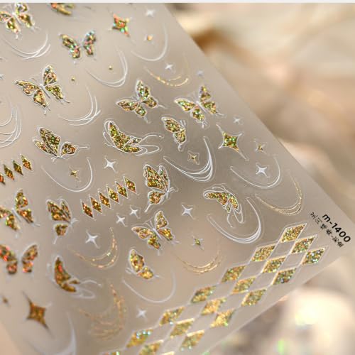 Image of Gold Butterfly Nail Stickers for Nail Art Glitter Nail Decals Shiny 5D Embossed Self Adhesive Nails Art Stickers for Women Manicure Decoration Accessories Supply