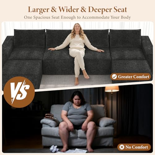 Image of Vesgantti 145.6 inch Modular Boneless Couch, Modern U Shaped 6 Seater Sectional Sofa with 2 Ottoman & Deep Seat, Convertible Chenille Cloud Couches for Living Room, No Assembly Required, Black