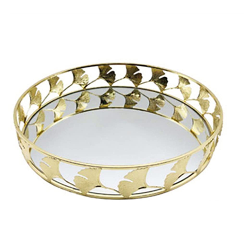 Plateau rond feuilles d'abricot en métal doré, objet de décoration