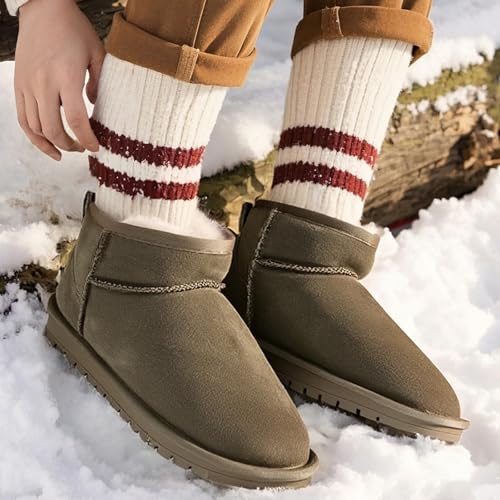 Genuine Suede Ankle Snow Boots for Women Men-Water Resistant Warm Flat Padded Winter Fuzzy Mini Boots with Cozy Faux Fur Lining 6
