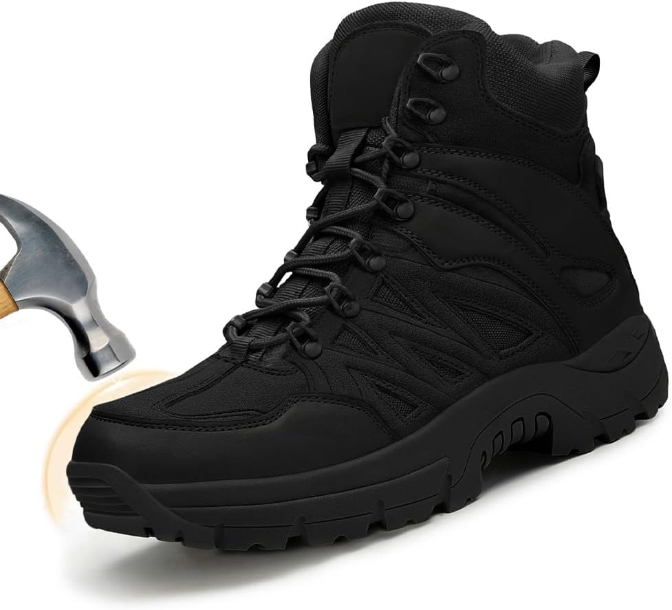 CLOAKA Steel Toe Boots for Men Slip Resistant Zip Tactical Boots High Top Work Boots for Men Outdoor Hiking Work Puncture Durable Safety Boots