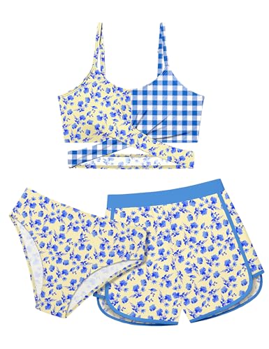 Image of Girls Swimsuit 3 Piece Bathing Suit Criss Cross Bikini Set Girls' Swimwear with Shorts 7-16T