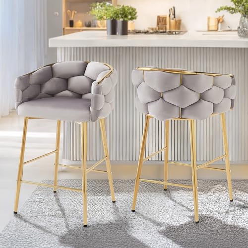 Christopher Knight Home Barrel Counter Height Bar Stools Set of 2, Velvet Barstools for Kitchen Island, Metal Counter Stool with Footrest, Gray+Gold
