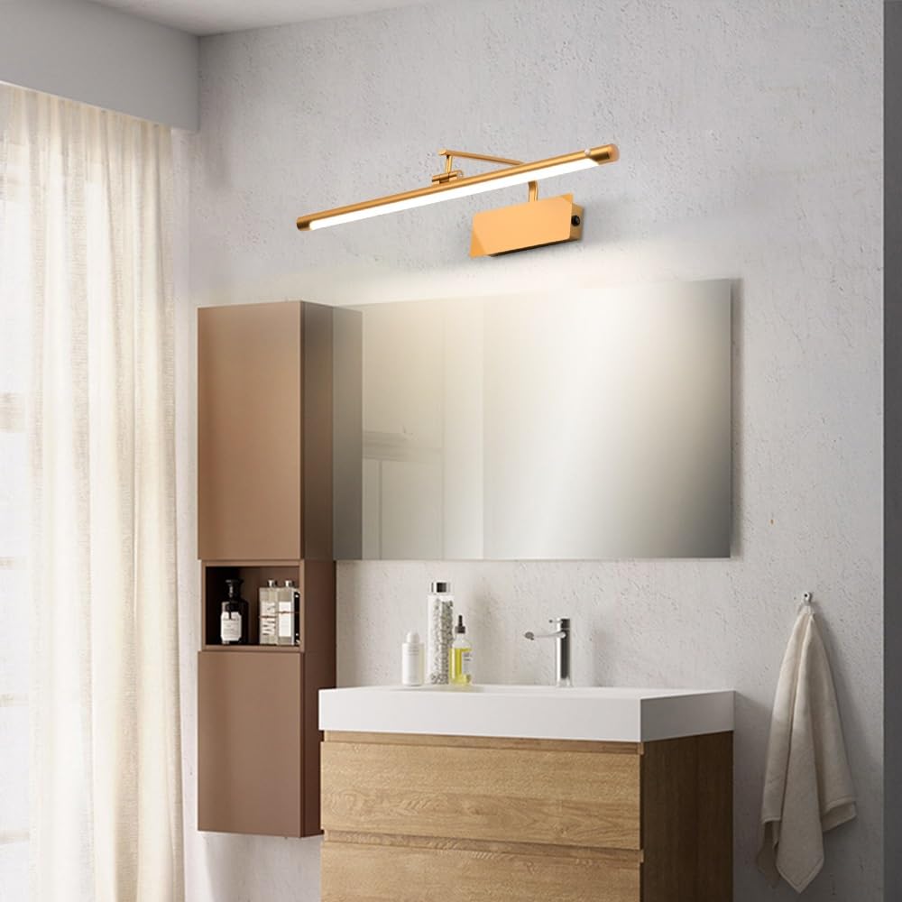 Lámparas de baño impermeables IP44, 3 luces, sensor de movimiento, luz de tocador, tira larga, iluminación de pared de hierro, 4000 K, blanco natural, lámpara de tocador giratoria de 350 °(Gold,40cm)