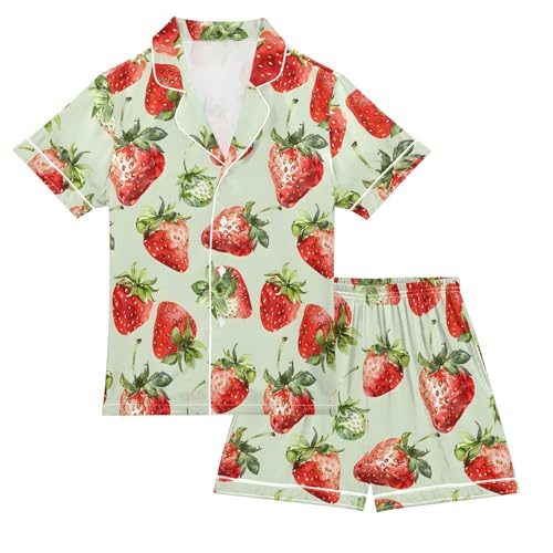 ALAZA Watercolor Strawberry Fruit Green Satin Pajamas Set Short Sleeve Button Down Sleepwear Summer Pjs 2 Piece