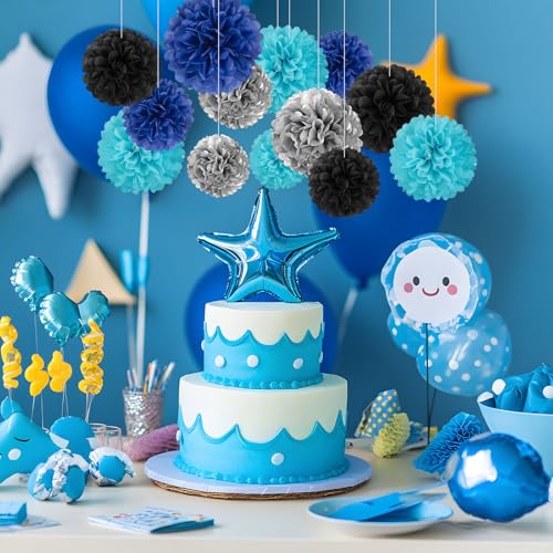 Image of 20 PCS Tissue Paper Pom Poms, Tissue Pom Poms Flowers, Sizes of 6 inch, 10 inch, 12 inch, 14 inch Hanging Paper Flower Ball for Wedding, Birthday, Graduation, Baby Shower Party Decor (Black Silver Blue)