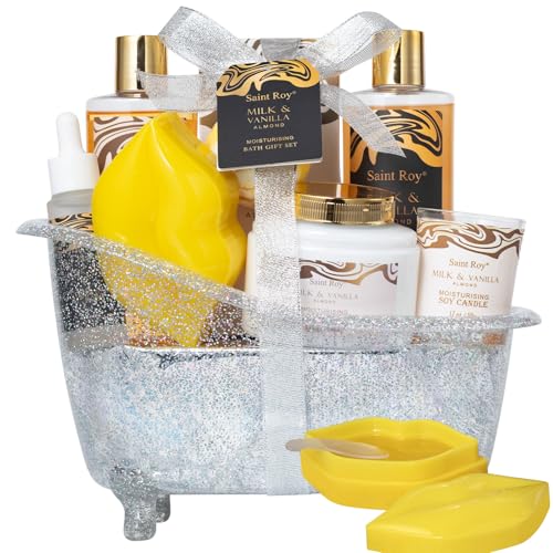 Image of Spa Gift Basket, beauty bath kit Mother Day Gifts for Women, Bath and Body Almond Milk Vanilla Spa Gifts for Women, Bath Gift Set Christmas, Scent Lotion, Lip Mask, Birthday Holiday Bridal Shower