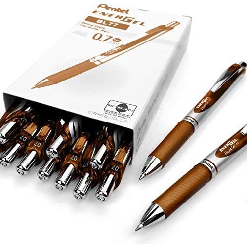 Pentel EnerGel RTX Retractable Liquid Gel Pen, (0.7mm) Metal Tip, Medium Line, Brown Ink, 12 pack (BL77-E)