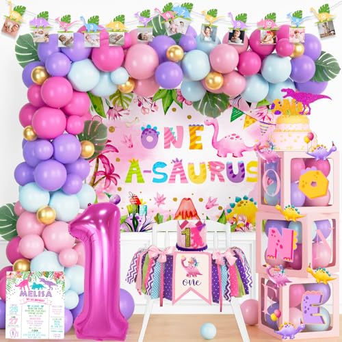 Image of One a Saurus Birthday Decorations - Pink Dinosaur Party Pack for 1st Birthday Girl, Includes Backdrop, Balloon Banner, Cake Topper, Box Cutout, Crown