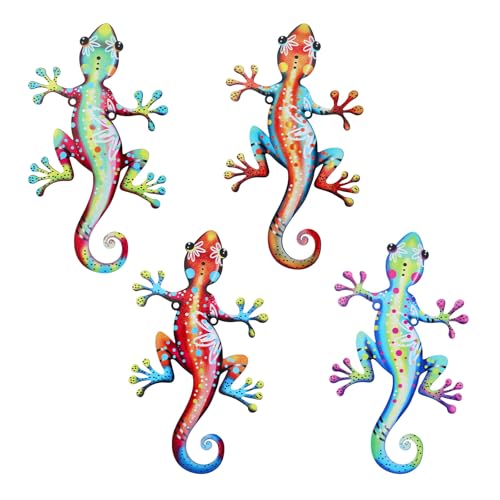 lasuroa 4pcs Art Murale Gecko Métal, Extérieur Décorations Jardin Suspendues pour Clôture Patio Cour Décoration Murale Lézards avec Vis pour Extérieur...