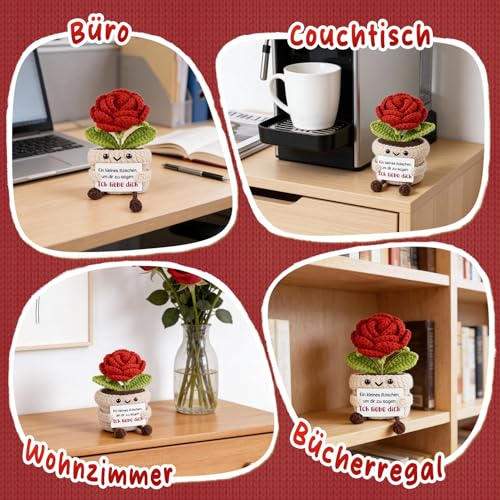 Giftasy Ich Liebe Dich Geschenke Für Frauen - Handgemachte Gehäkelte Rote Rose Mit Energiekarte, Geschenke zum Jahrestag, Hochzeitstag, Valentinstag Für Partner, Sie, Freundin, Freund