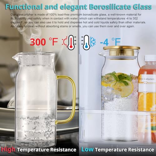 Image of Bivvclaz 2 Pack 2 Liter 68 oz 2.1 Qt Gold Glass Pitcher with Lid and Handle, Water Pitcher for Fridge, Glass Carafe for Hot /Cold Water, Large Iced Tea Jug for Coffee, Juice and Homemade Beverage