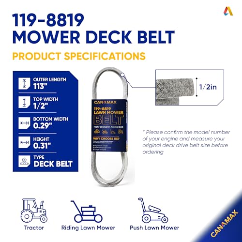 Image of Canamax 119-8819 Mower Deck Belt - Fits 42 Inch Deck Toro TimeCutter MX SW ZS 4200 SS 4225 4235 4250 4260 Hustler 600726 Cub Cadet /MTD 754-04137 954-04047 954-04137 | Aramid Cord | 1 /2 inch x 113 1 /2 inch