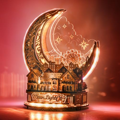 FUNPOLA LED 3D Puzzle Ciudad de la Luna, Maquetas para Construir Adulto y Puzzle de Madera 3D para Adultos, Decoración para el Hogar, Regalos para Niños y Adultos（Marrón）