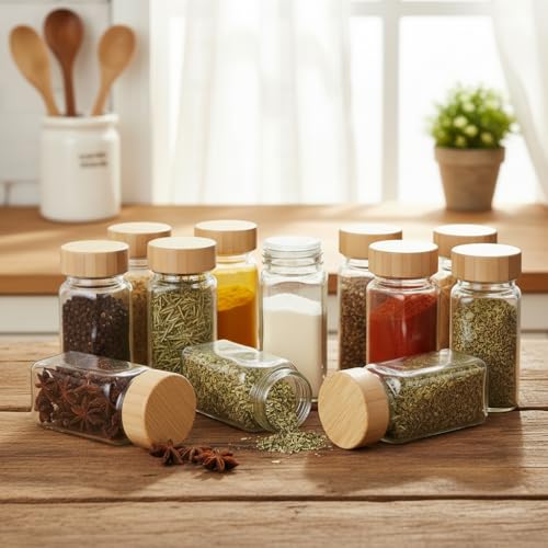 Image of ginoya brothers Spices Jar Lids Airtight Spice Jars Fits Square Reusable Wooden Lid Storage Canning for Nice Sealing Kitchen Organization. (2)