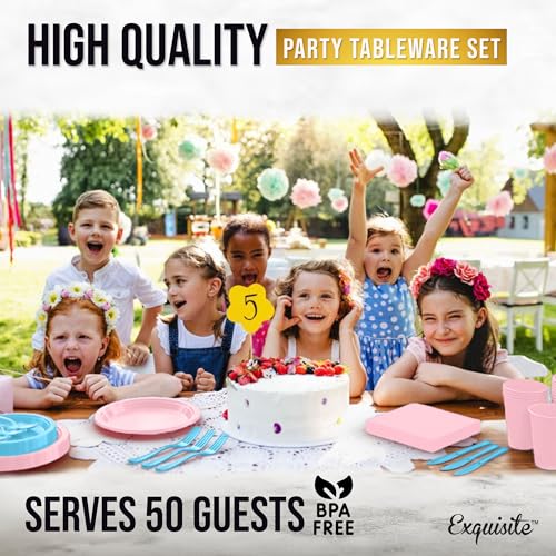 Image of Exquisite 350 Pcs Gender Reveal Plates and Napkins Party Supplies Plate Set | Sturdy Plastic Dinnerware Set With 9 inch & 7 inch Plates, 12 Oz Cups, Lunch Napkins and Cutlery Serves 50 for Birthdays & Everyday