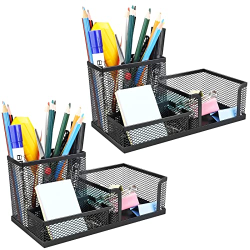 2 Pack 3 in 1 Mesh Pen Holder for Desk, 3 Compartments Pencil Holder Desk Organizer Caddy with Sticky Notes Holder Easy Storage Suitable for Home, Office and School