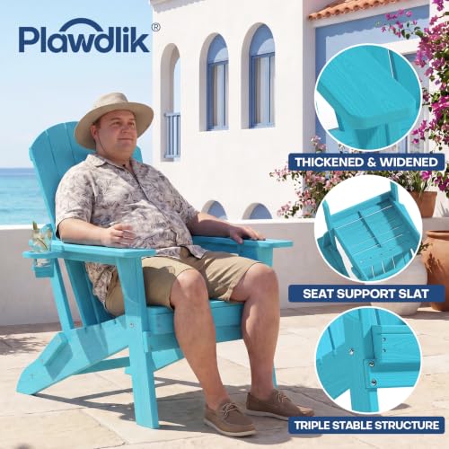 Image of Plawdlik Folding Adirondack Chair Set of 2 with Cup Holder,Heavy All-Weather,Wooden Textured,HDPE Outdoor Chairs, Patio Backyard Fire Pit, Light Blue