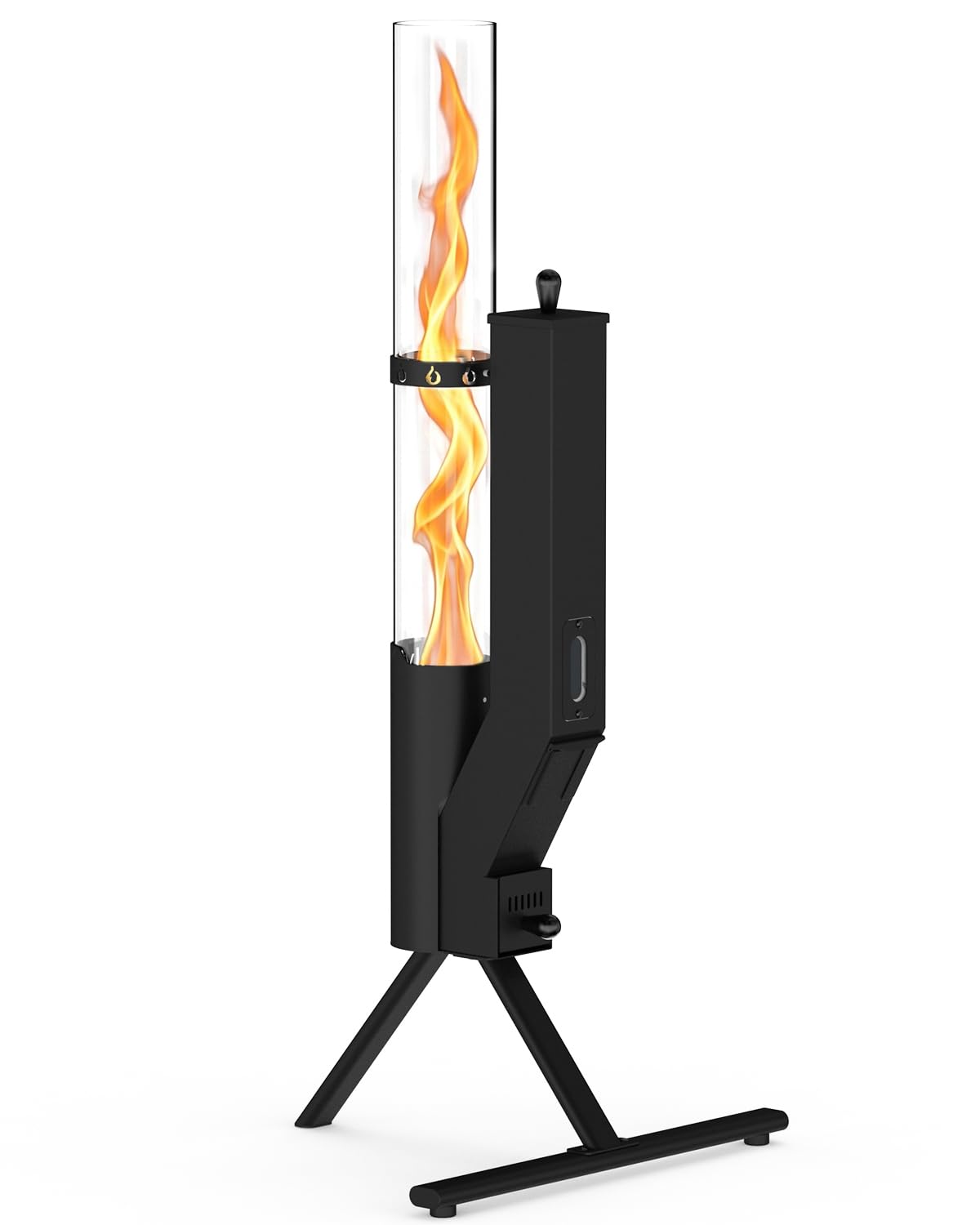 Onlyfire Estufa de Exterior de Pellets, Antorcha con Llama en Espiral de 360°, Chimenea de Jardín con Cilindro de Cristal de 65cm, Brasero de Exterior para Terraza y Camping, Altura Total 110cm