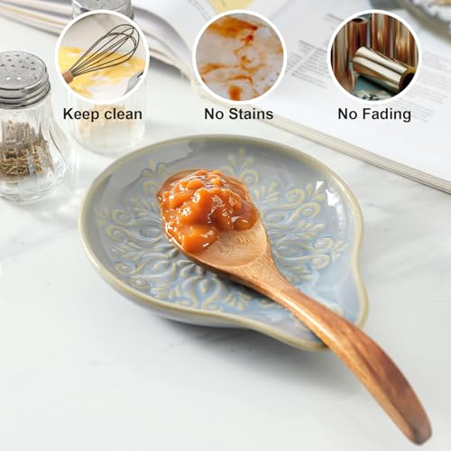 Image of Farmhouse Ceramic Spoon Rests Holder for Kitchen Counter Stove Top (Lightblue-A3)