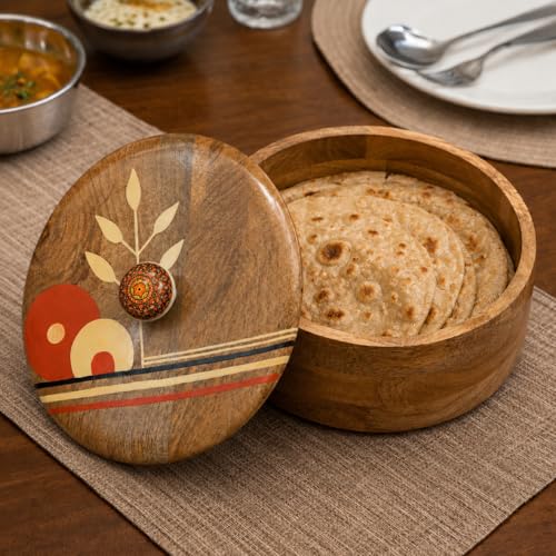 Image of Artysta 'Abstract Art' Wooden Chapati Box | Wooden Casserole For Roti | Chapati Box For Kitchen | Roti Box with Lid | Housewarming Gifts | Handpainted Roti Box | Mango Wood 8inch, 1080ml