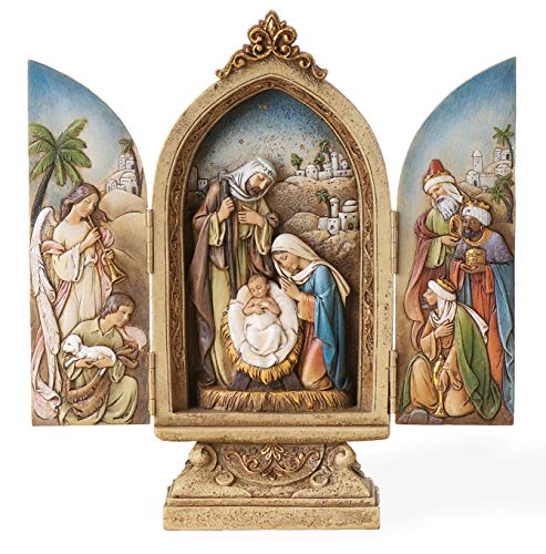 Joseph's Studio by Roman - Nativity Triptych, Holy Family with Three Kings, Angel and Shepherd, 9 H, Resin and Stone, Gold, Decorative Figure, Collection, Durable, Long Lasting