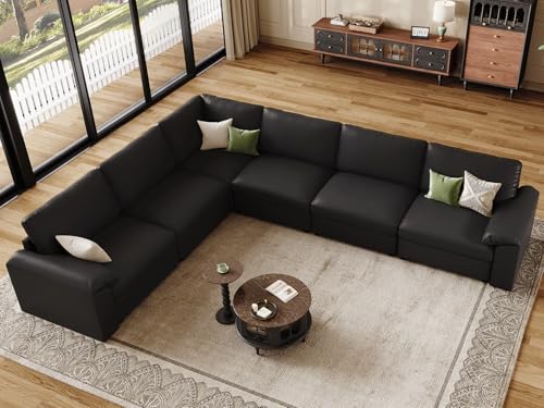 Image of EASE MOOSE Leather Sectional Couch, Oversized Modular Sectional Sofa, Classic Wide Deep Seat Modular Couch, Scratch Resistant Faux Leather Material, L Shaped Sofas for Living Room, Black