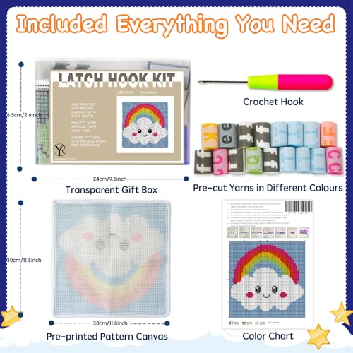 Image of Latch Hook Kits for Kids Adults 2025 New DIY Rug Tapestry Kits with Printed Canvas Embroidery Kits Festival Gifts Home Decoration (11.8inch X 11.8inch,Rainbow)